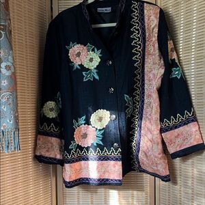 Indigo Moon Embroidered Black Silk Jacket with Floral Accents Sz 18